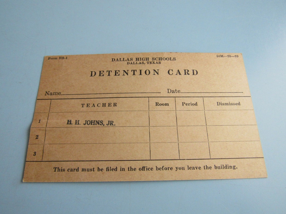 Vintage Dallas High Schools Detention Card Free Shipping - Etsy