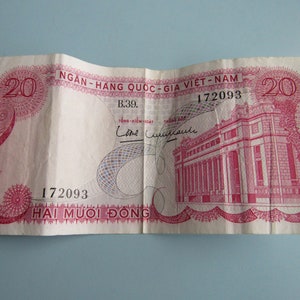 Vintage Vietnamese Currency 20 Dong Note Vietnam 1960s Free Shipping