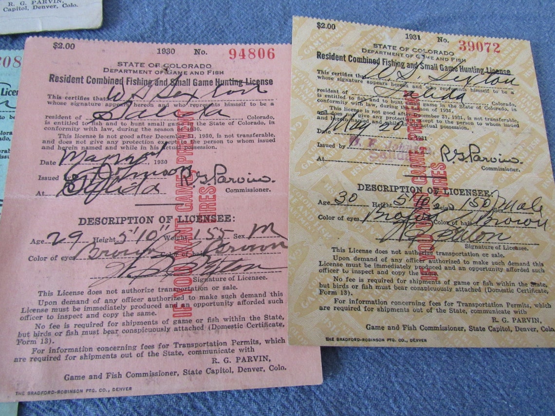 Lot of 7 Vintage Colorado Hunting Fishing Licenses 1920s Free Etsy