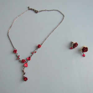 Vintage Silver Tone Rose Jewelry Set Necklace Earrings Free Shipping