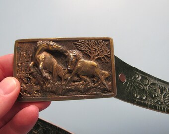 Vintage Wild Horses Belt Buckle & Tooled Belt Sz 34 Paula Freed Free Shipping