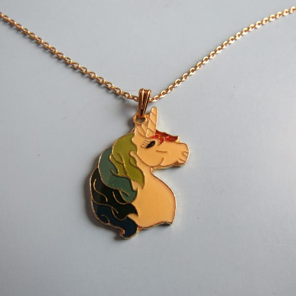 Vintage Gold Tone Enamel Unicorn Pendant Necklace Free Shipping