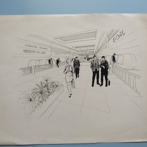 May include: Black and white architectural sketch of an airport terminal. The drawing depicts people walking through a modern space with signs for "Inbound Planes", "American Air Lines", and "BOAC".