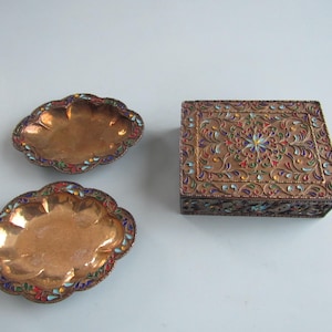 Vintage Greek Pure Silver Enamel Cloisonne Lidded Box & 2 Matching Trays Marked 1000 Free Shipping