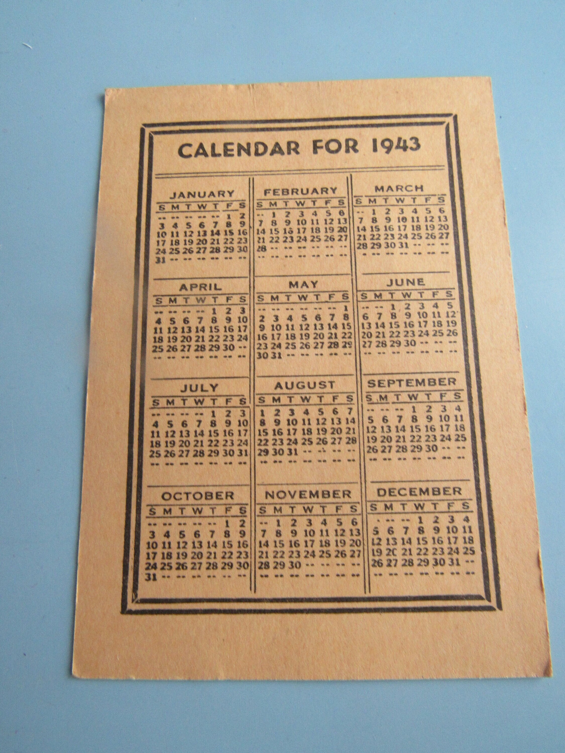 Vintage Pocket Wallet Calendar Card 1943 1944 Free Shipping - Etsy
