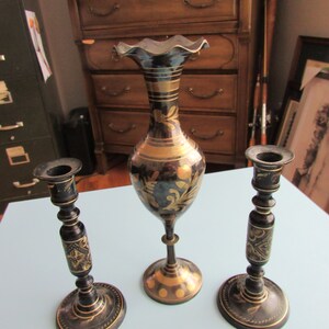 Vintage Mid Century Engraved Brass Vase & Candlestick Holders India Free Shipping