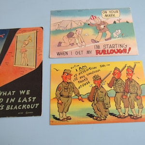 Lot of 3 Vintage WWII Cartoon Linen Postcard Post Cards 1940s Free Shipping