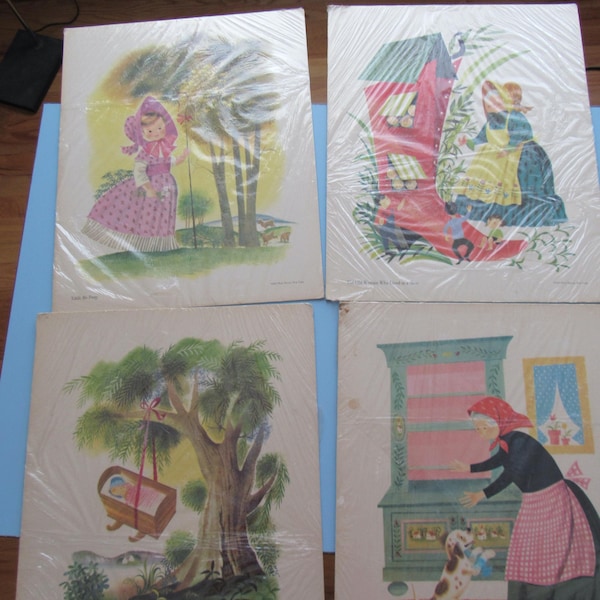 Set of 4 Vintage Mother Goose Nursery Rhyme Prints by Leonard Weisgard 1957 Free Shipping