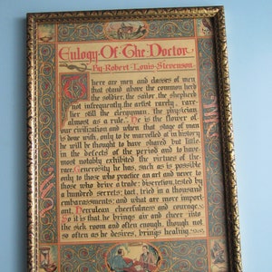 Vintage Eulogy of the Doctor by Robert Louis Stevenson Framed Lithograph 1920s (?) Free Shipping