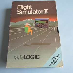 May include: A rectangular cardboard box for the Flight Simulator II video game by subLOGIC. The cover features a brown and blue gradient background with a graphic of a person in a green chair facing a computer screen, and text for Apple II, II+, and IIe.
