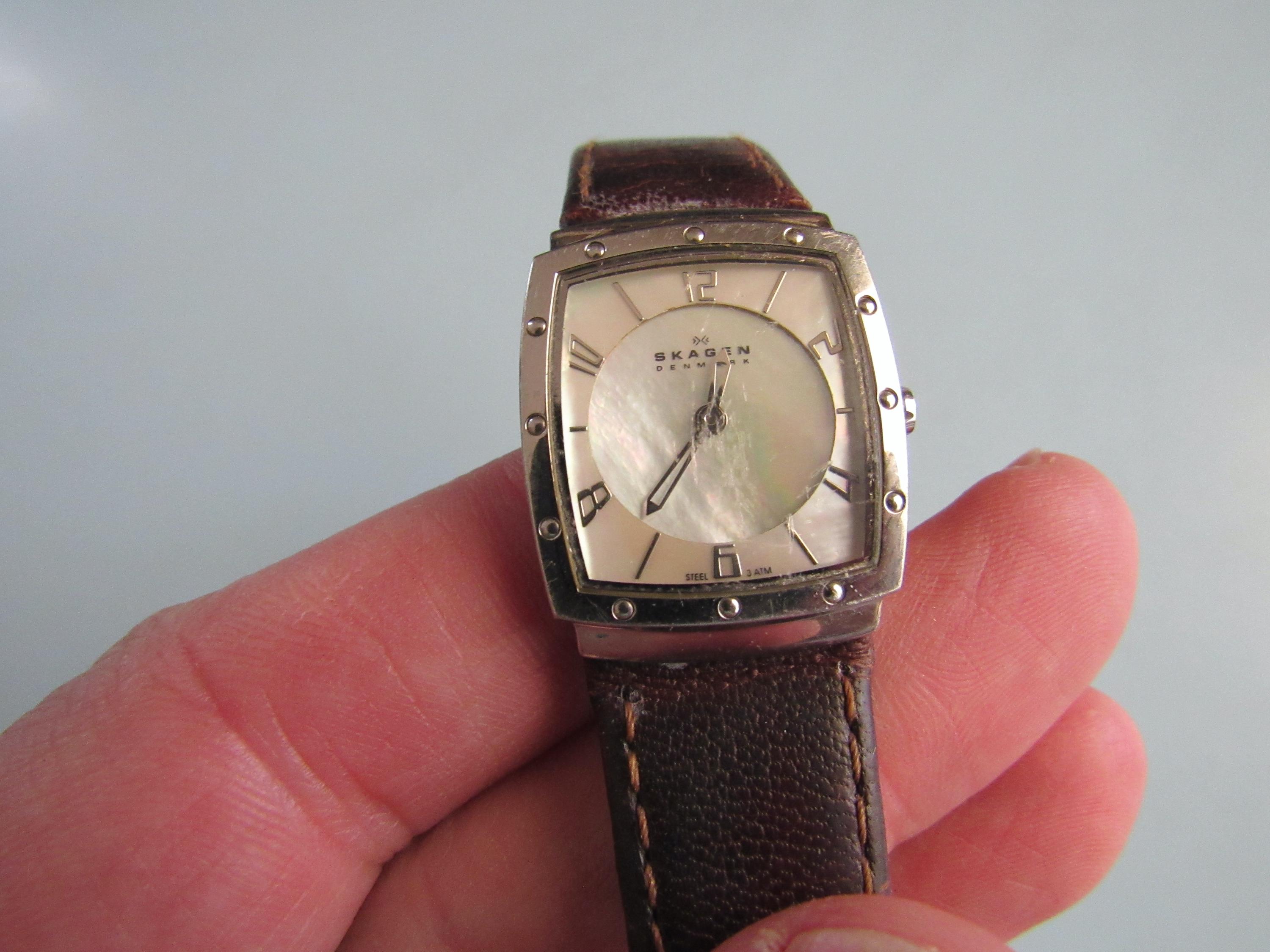 Skagen Denmark steel ladies silver tone brown leather dress watch NEW BATTERY Skagen Watch, Square Mother of Pearl Dial, Genuine Brown  main image 2