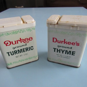 Lot of 2 Vintage Small Tin Lithograph Durkee&#39;s Spice Containers Thyme & Tumeric Free Shipping