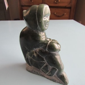 Vintage Hand Carved Stone Inuit with Seal Figurine Free Shipping