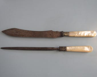 Vintage Mother of Pearl Carving Knife & Sharpener Free Shipping