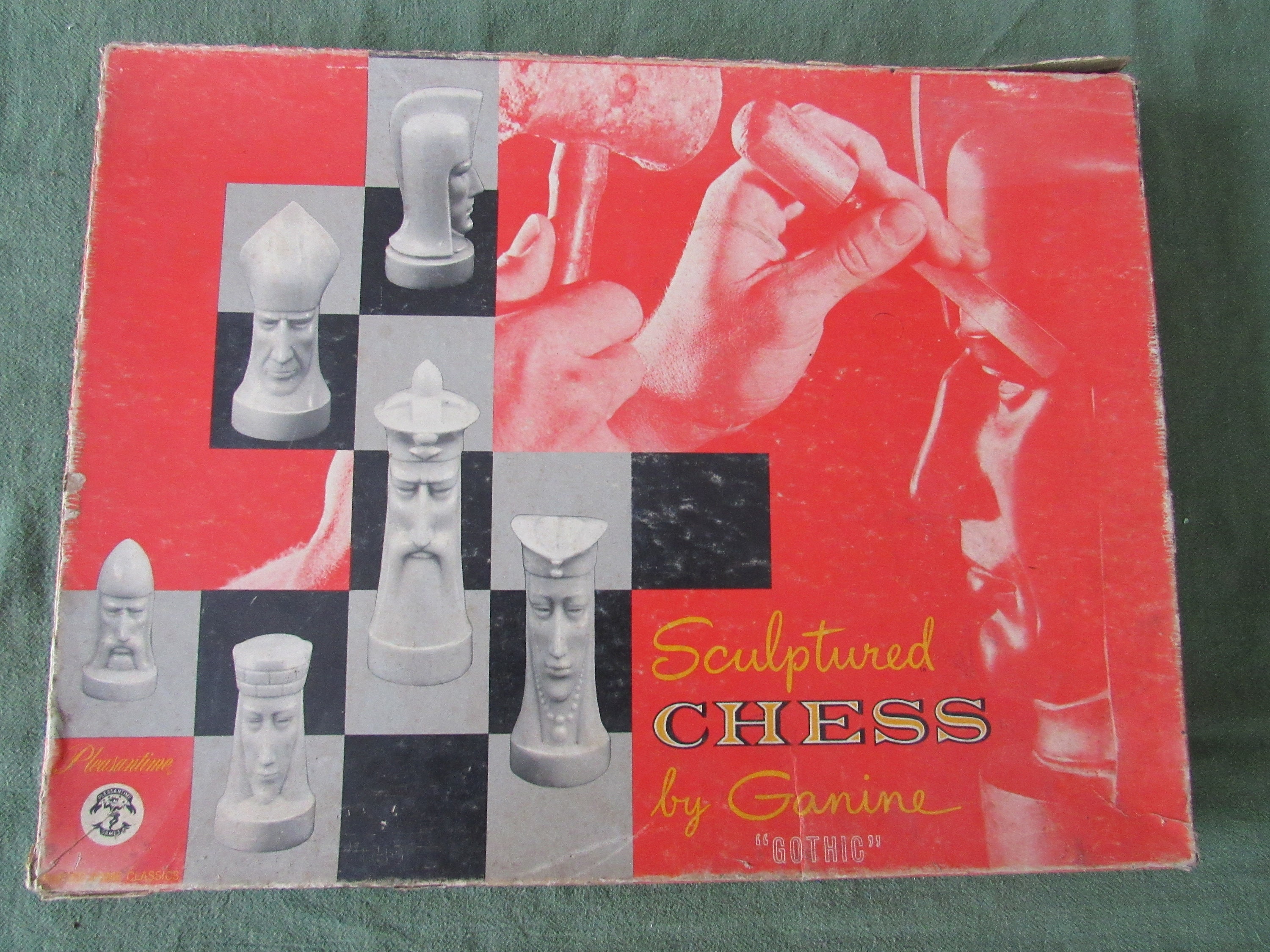 Ganine Gothic Sculptured Chess Set Checkers Board Lot w Box 1957 - Vintage