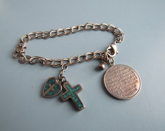 Vintage Silver Tone Christian Theme Serenity Prayer Charm Bracelet Free Shipping