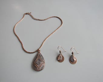 Vintage Pewter Silver Tone Jewelry Set Necklace Earrings Free Shipping