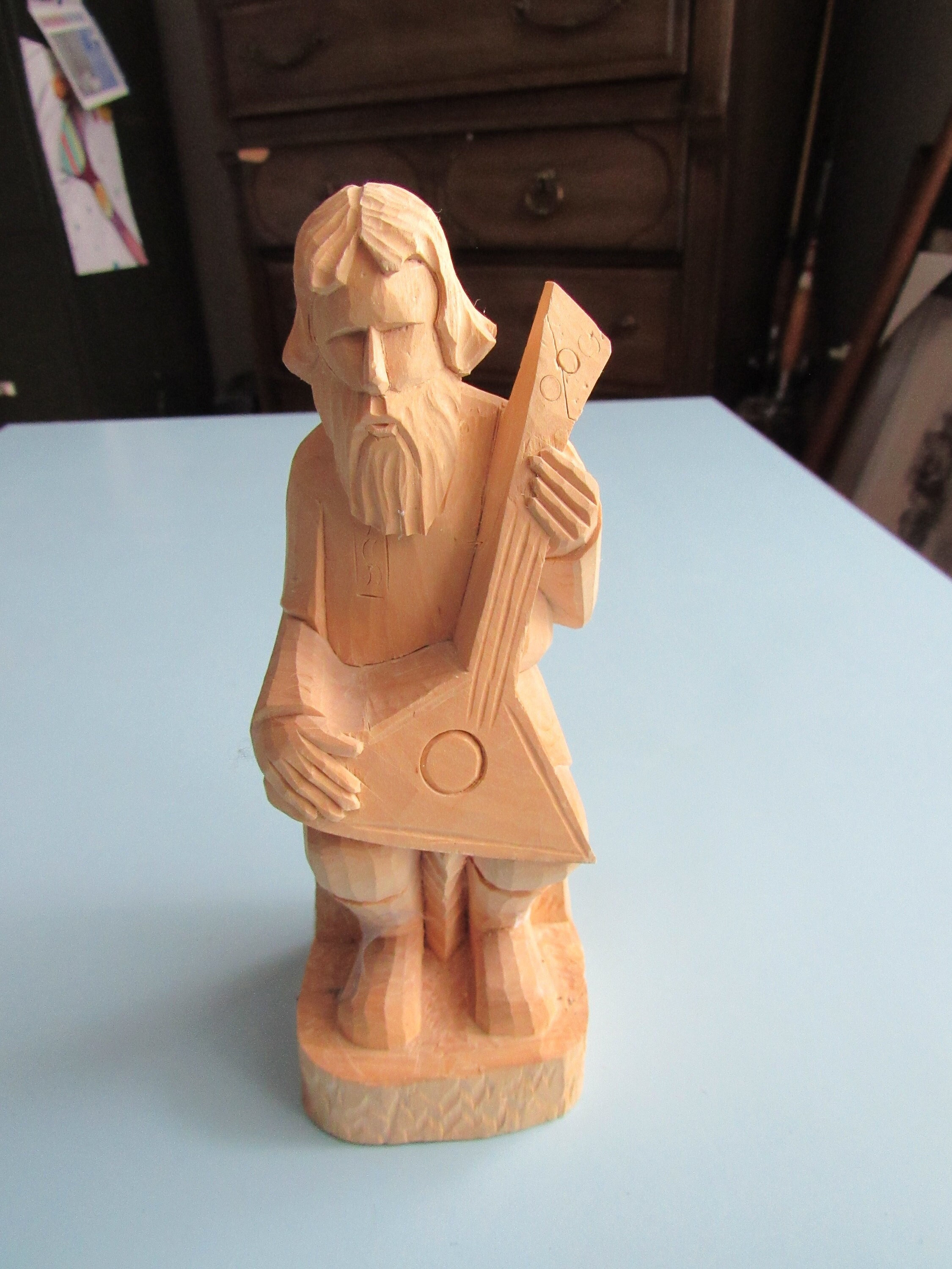 Vintage Hand Carved Wooden Man with Instrument Figure Folk Art Free Shipping