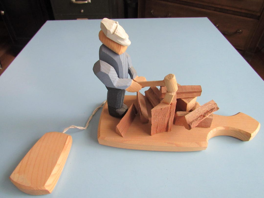 Pull String Animation Vintage Hand Carved Wooden Wood Chopper Pull String Animated Motion ...