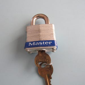 May include: A silver and blue Master lock with a silver shackle and two gold keys inserted. The word "Master" is printed in white on a blue band across the lock's body. The keys have the numbers "0396" and "9650" printed on them.