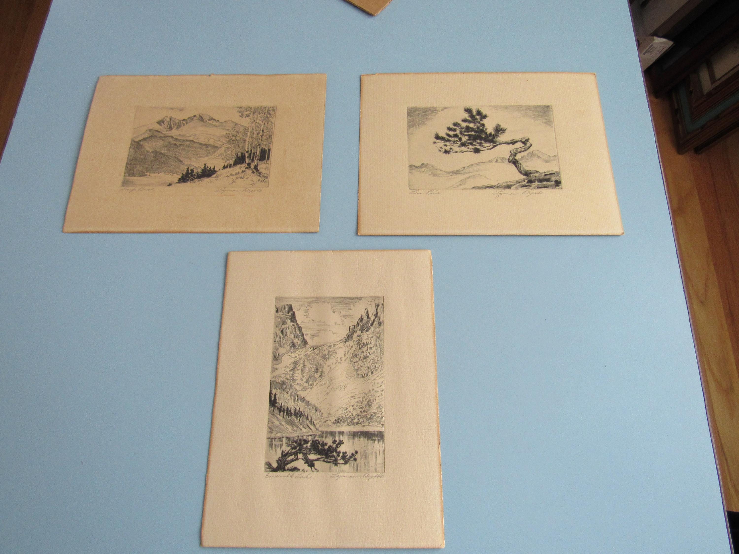 Lot of 3 Vintage Lyman Byxbe Signed Etchings Lone Pine Long's Peak