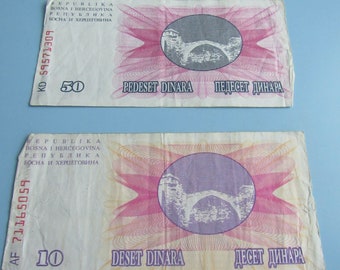 Lot of Vintage Bosnia Herzegovina Currency 2 Notes Bills Free Shipping