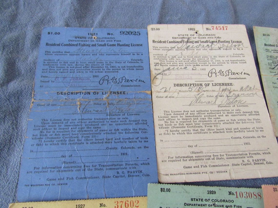 Lot of 7 Vintage Colorado Hunting Fishing Licenses 1920s Free Etsy