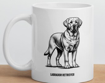 May include: White ceramic mug featuring a detailed black and white illustration of a Labrador Retriever. The words "LABRADOR RETRIEVER" are printed below the dog. The mug is on a wooden surface.