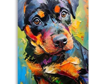 May include: A colorful, artistic print of a Rottweiler dog. The artwork features bold brushstrokes and vibrant colors, including black, orange, blue, and green. The dog's expressive eyes and detailed features are the focal point of this unique piece.