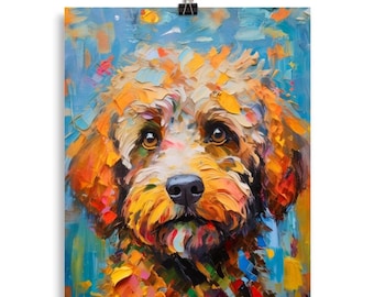 Könnte beinhalten: Ein farbenfroher Kunstdruck eines Hundes. Der Hund hat braune Augen und eine braune Nase, mit einem Fell in Orange-, Gelb- und Rottönen. Der Hintergrund ist eine Mischung aus Blau, Orange und Gelb.