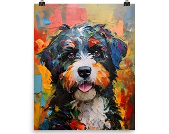 Puede incluir: Una pintura colorida de un perro con pelaje negro, blanco y marrón. El perro está mirando directamente al espectador con la lengua fuera. El fondo es una mezcla de amarillo, naranja, rojo y azul.
