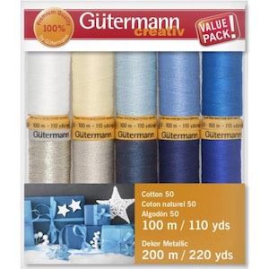 May include: A package of Gütermann Creativ sewing thread spools in shades of white, cream, and various blues. The package includes a 'Value Pack' label and text indicating the thread is 100% by Gütermann. The spools are labeled with measurements in yards.