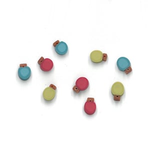 May include: A collection of nine small, flat, bulb-shaped charms in light blue, pink, and pale green. Each charm features a small brown rectangular cap at the top with a tiny hole for threading, arranged in a scattered pattern on a white surface.
