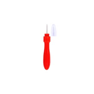 May include: A red awl tool with a silver needle and a white protective cap. The handle is a solid, vibrant red, and the needle extends upwards. The cap is translucent and sits next to the needle.