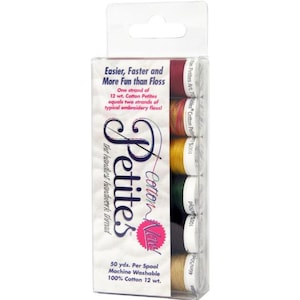 May include: A pack of six spools of Cotton N' Petites embroidery thread. The spools are labeled with the brand name and the weight of the thread. The text on the packaging reads "Easier, Faster and More Fun than Floss."  One strand of 12 wt. Cotton Petites equals two strands of typical embroidery floss! 50 yds. Per Spool Machine Washable 100% Cotton 12 wt.