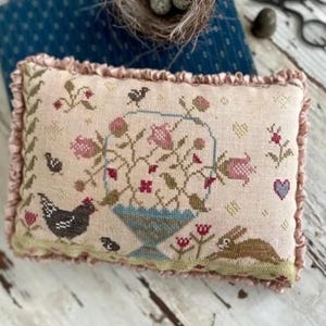 Spring Basket Pinkeep by Stacy Nash Primitives, cross stitch pattern