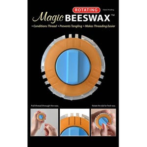 May include: A rotating Magic Beeswax thread conditioner. The product is orange and blue, with the text "Magic Beeswax" and instructions for use. It conditions thread, prevents tangling, and makes threading easier.
