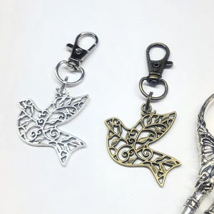 Filigree Bird Zipper Pull | Scissor Fob | Craft Tool Accessory – Bronze or Silver