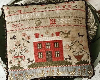 Rose Cottage Sampler Pinkeep by Stacy Nash Primitives, cross stitch pattern