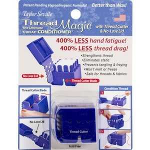 May include: Blue plastic thread conditioner with a thread cutter and a no-lose lid. The product claims to reduce hand fatigue and thread drag by 400%. The packaging also includes instructions on how to use the product.