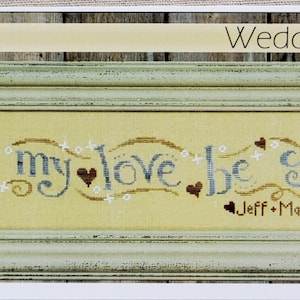 May include: A framed cross-stitch sampler with the text "of my love be sure" in blue and gold lettering. The sampler includes small heart and floral accents. The frame is a distressed, light green color. The text "Jeff + Marsha 12-22-90" is also included.