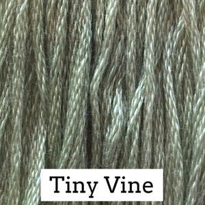 May include: Close-up of a skein of Tiny Vine yarn. The yarn is a muted green color with a slightly textured appearance. The text "Tiny Vine" is displayed in a white rectangle at the bottom of the image. The yarn appears to be tightly wound.