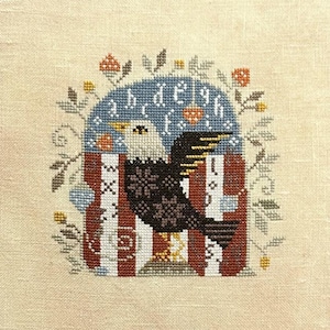 May include: Cross-stitch design featuring an American bald eagle with outstretched wings, set against a backdrop of red and white stripes and a blue arch with letters. The design is framed in a blue border.