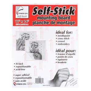 May include: A white 11 x 14 inch self-stick mounting board with the text "PRES-ON. Self-Stick" in red. The board is ideal for needlepoint, cross stitch, crewel, and embroidery projects. The text "ideal for" and "idéal pour" is listed in black.