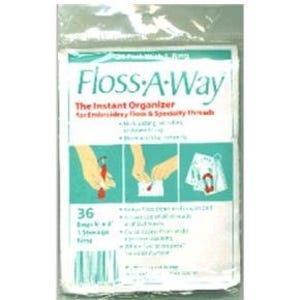 May include: A package of "Floss-A-Way" instant organizers for embroidery floss and specialty threads. The package is white with teal and red accents, and includes instructions and a count of 36 bags, each 6 x 8 inches.