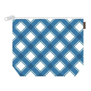May include: A blue and white checkered zippered pouch. The pouch is made of a soft, durable fabric and has a zipper closure.