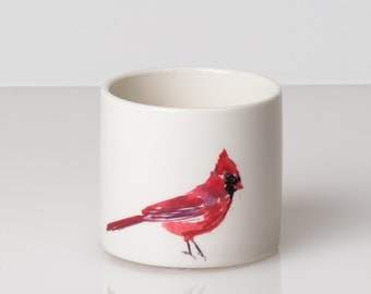 Small White Planter with Cardinal, Christmas Planter, Small Plant Pot, Holiday Decor