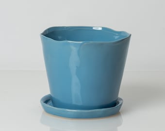 Large Sky Blue Pot, Blue Planter, 4 Inch Pot, 4 Inch Planter, Ceramic Pot with Saucer, Flower Pot, Garden Pot, Wonky, Modern, Drainage Holde