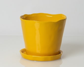 May include: A bright yellow ceramic planter with a matching saucer. The planter has a wavy, scalloped rim and a smooth, glossy finish.