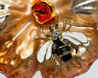 Honey Bee on Flower Christmas Ornament ~ Orange Flower with Jeweled Honey Bee ~